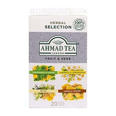 Ahmad Tea Herbal Tea Fruit and Herb Selection 4 Teas Peppermint and Lemon Camomile and Lemongrass Lemon and Ginger and Detox Teabags 20 ct - Decaffeinated and Sugar-Free
