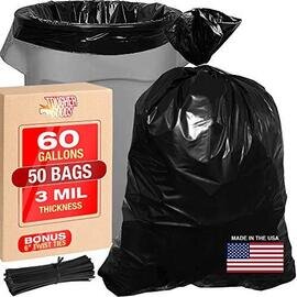 3 Mil 60 Gallon Contractor Trash Bags - 38"Wx58"H Heavy Duty Black Bags for Garbage and Storage - Super Thick Industrial Grade Trash Bags for Construction Yard Work Commercial Use (50)