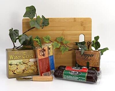 Gift Basket Village Board Of Directors Meat & Cheese Gift Arranged On Durable Bamboo Cutting Board With Sausage Cheese and Crackers & A Spreader Small 8 Piece Set