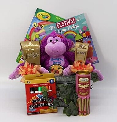 Monkeying Around Gift Basket for Kids with Brightly Colored Monkey Friends with Clasping Hands Activity Books and Sweet Treats