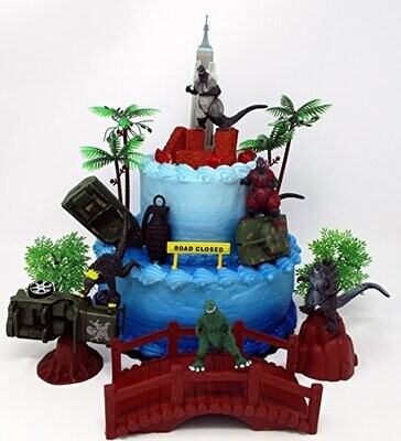 Godzilla 20 Piece Birthday Cake Topper Set Featuring 5 Random Godzilla Figures and Decorative Themed Accessories