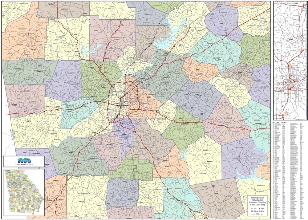 公式通販 - 人気アイテム多数 Atlanta, GA Region Business Wall Map with Zip Codes 66x48 アクセサリー