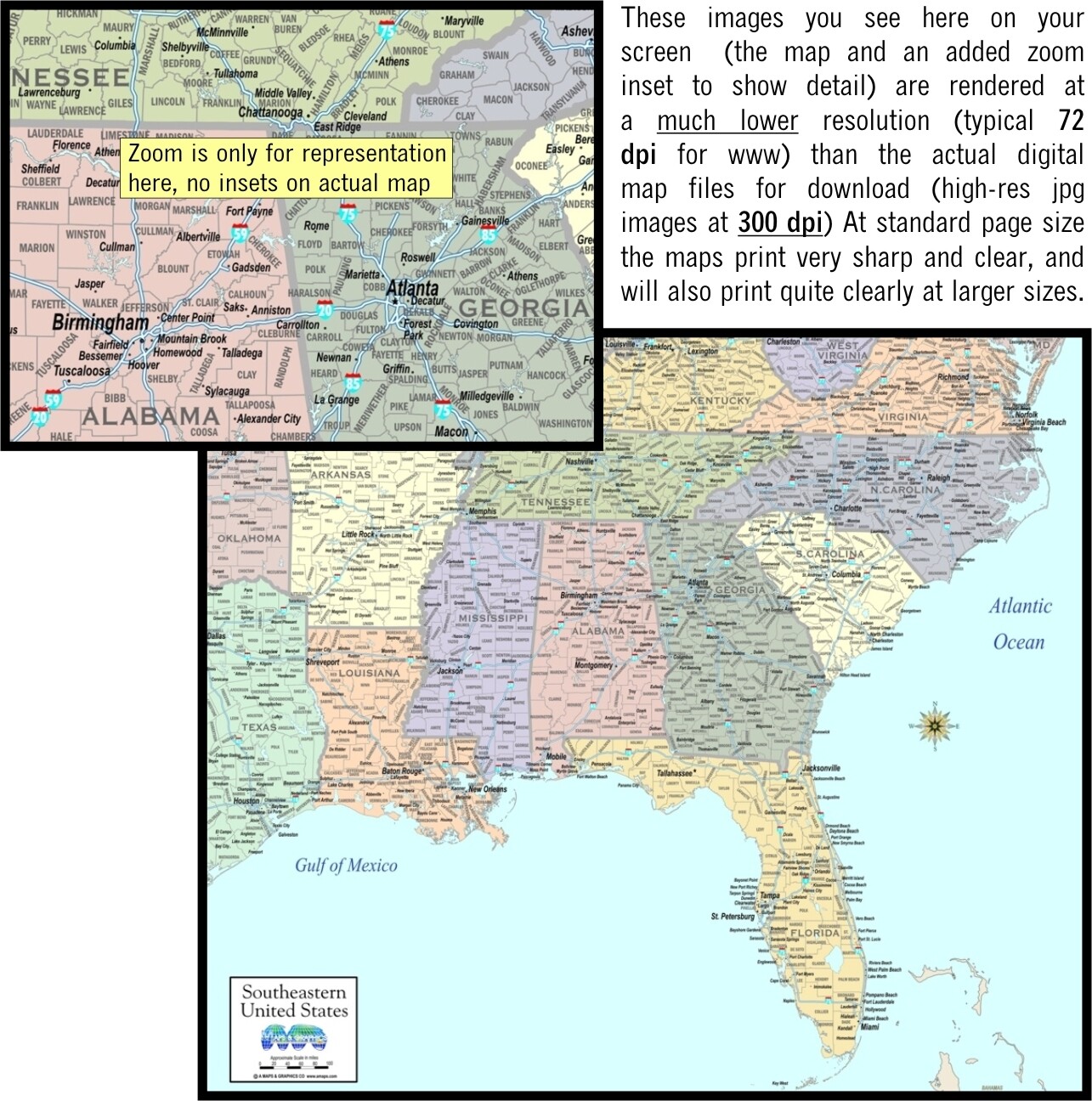 Download Map Southeast Region color states county, city highway, image size:1285x1296