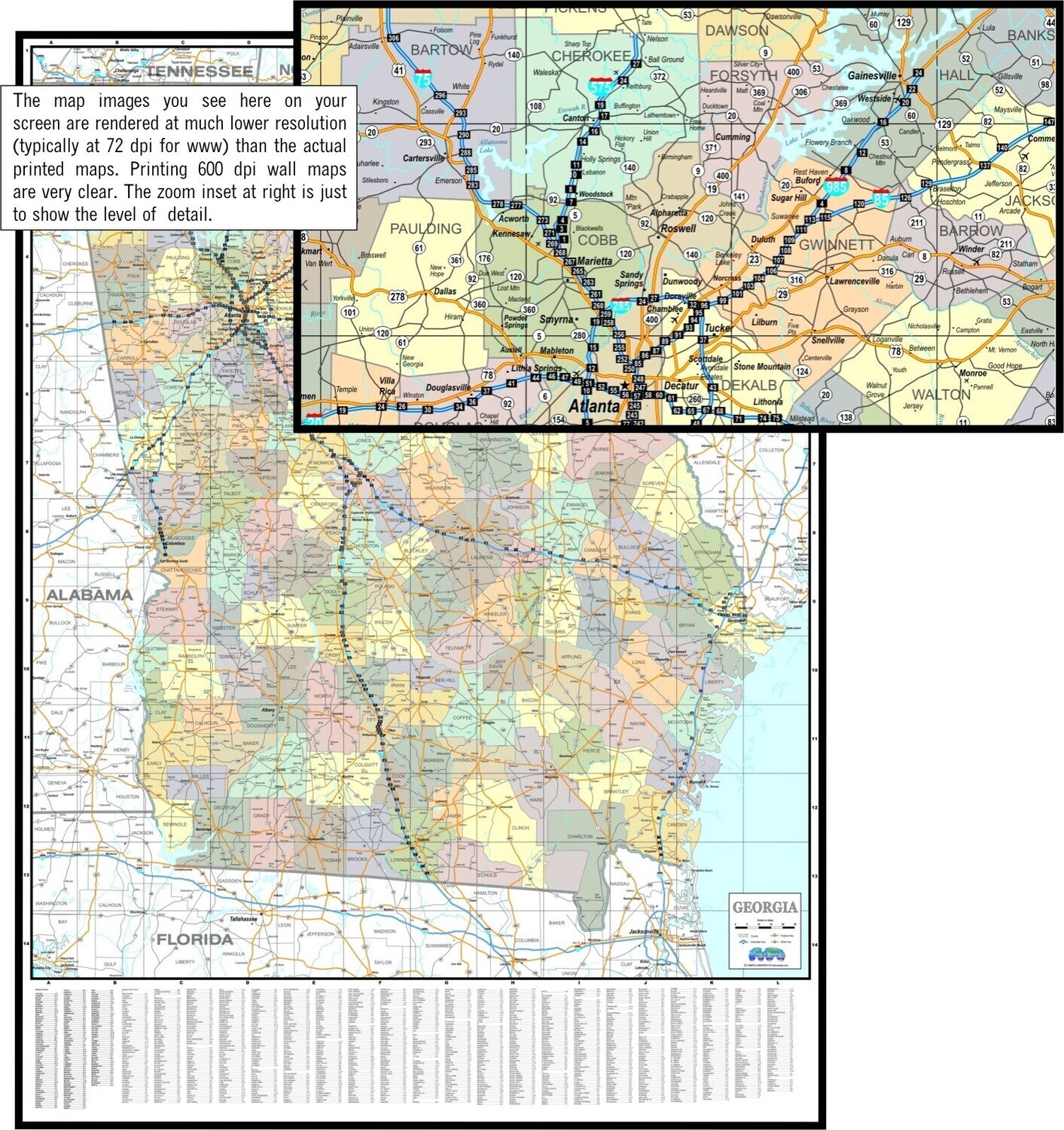 Georgia state commercial wall map, very highly detailed, large, laminated., image size:1413x1500