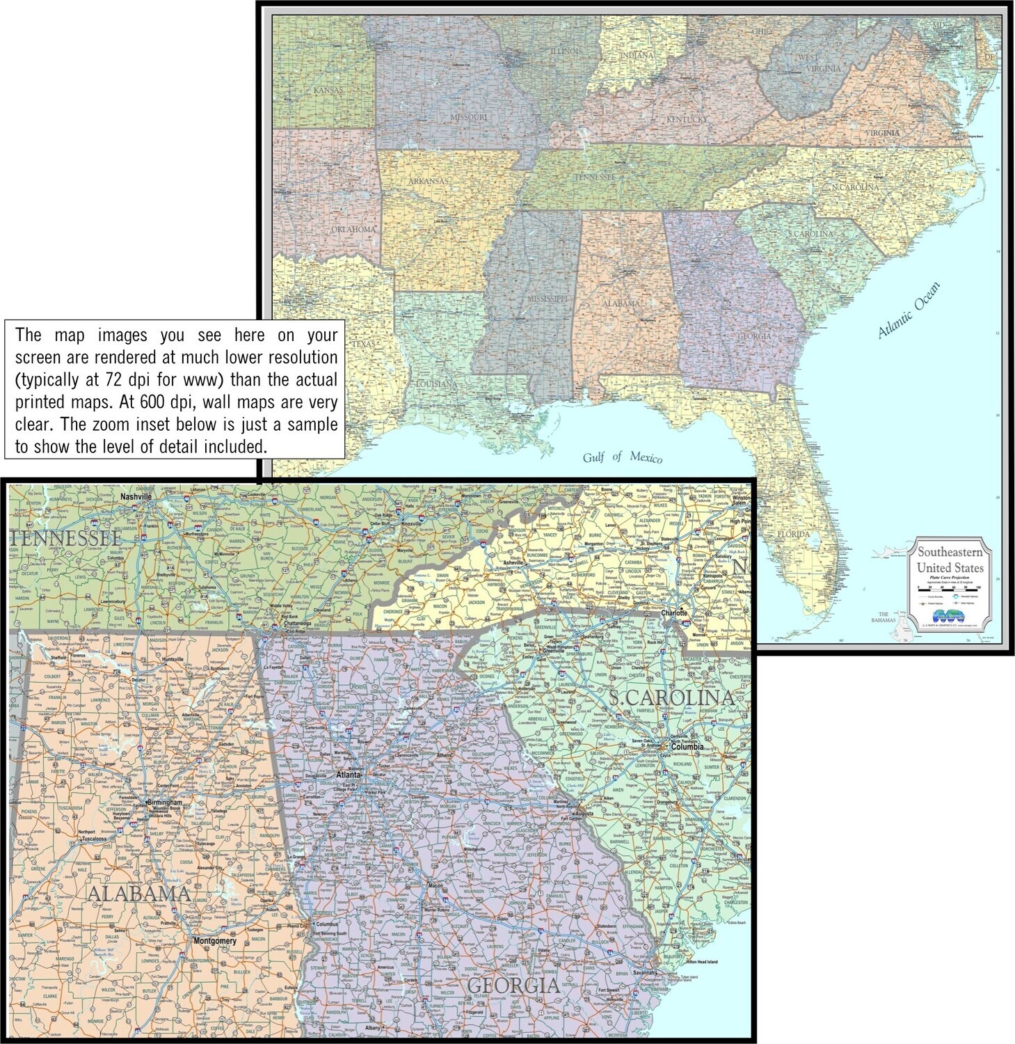 Wall Map Laminated of Southeast United States, image size:1459x1500