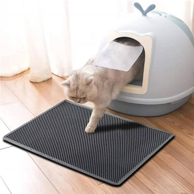Cat exiting a litterbox on an easy-to-clean littermat