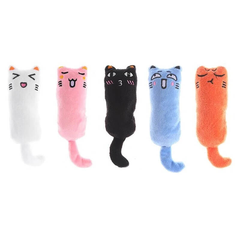 Cat plush toys in the shape of a cat in the colours white, pink, black, blue and orange