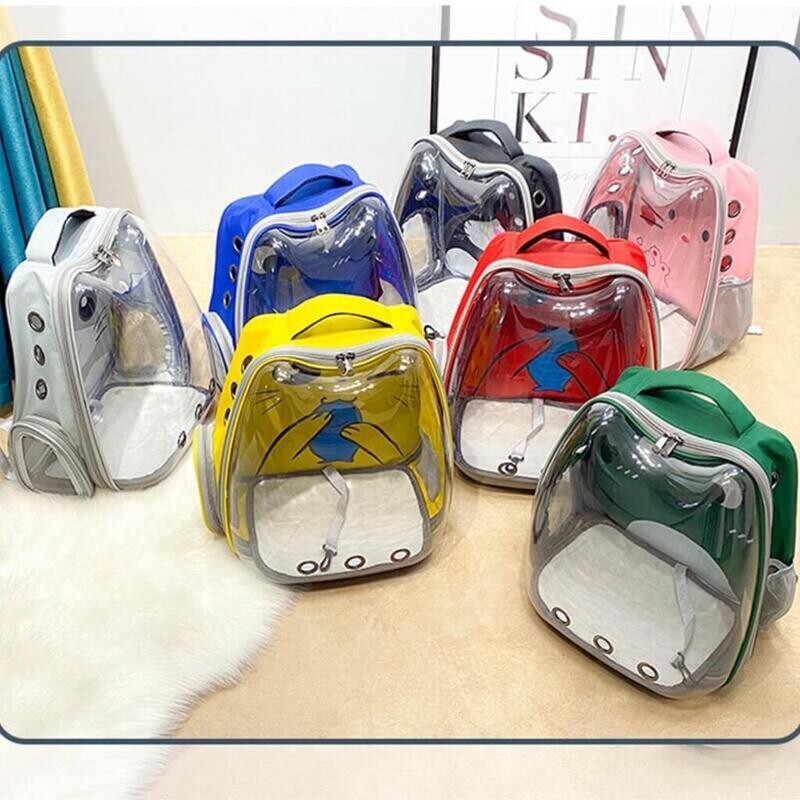 cat travel carrier backpack capsule with full clear window and fun cat print in colours grey, blue, black, pink, yellow, red, green