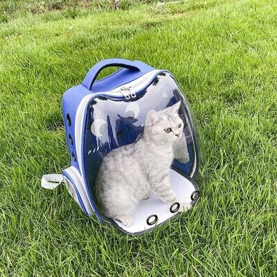 cat travel carrier backpack capsule with full clear window and fun cat print in colour blue carrying a white-grey cat on a field of grass