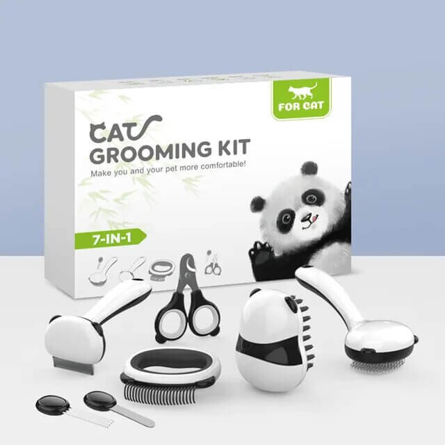 Cat grooming kit panda with nail polisher, pick needle, card clothing comb, blade comb, nail clipper, massage comb en soft tooth rake comb in black white
