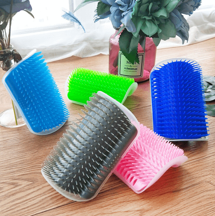 Colourful wall hair brushes in various colours neatly arranged on a table.