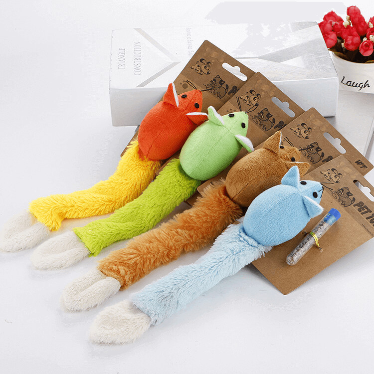 Cat mouse toys with a long tail lined up in the colours orange, green, brown and blue