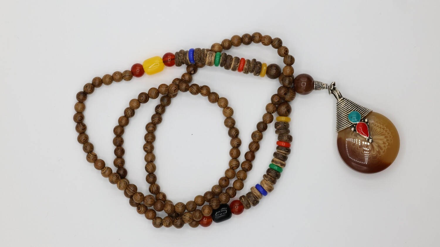 Vintage Nepal Long Buddhist Mala Wood Beaded Pendant &amp; Necklace