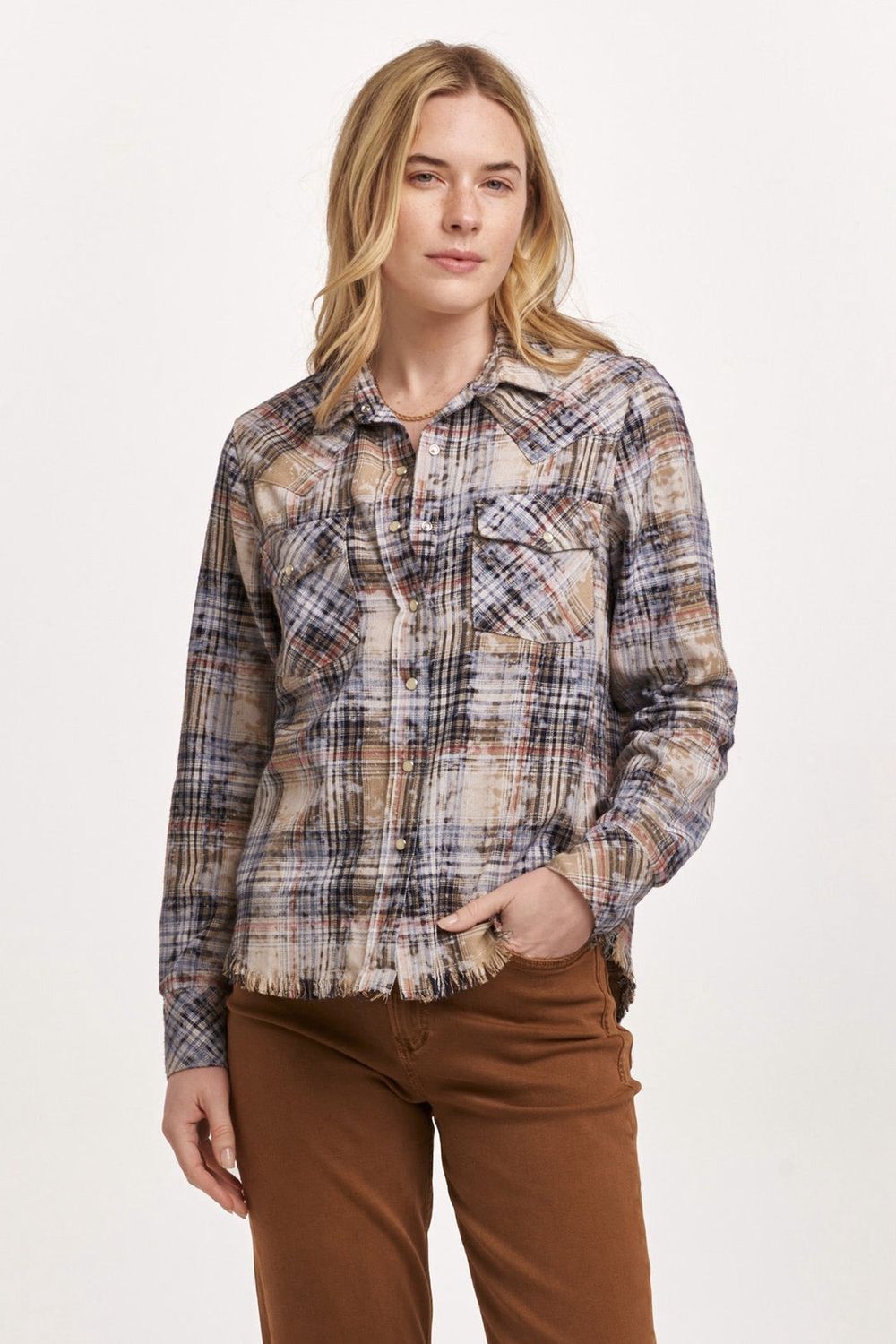 DJD Beige Fringe Plaid Shirt, Size: Sm