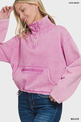 42P Acid-Wash Fleece Half-Snap Pullover (Mauve)