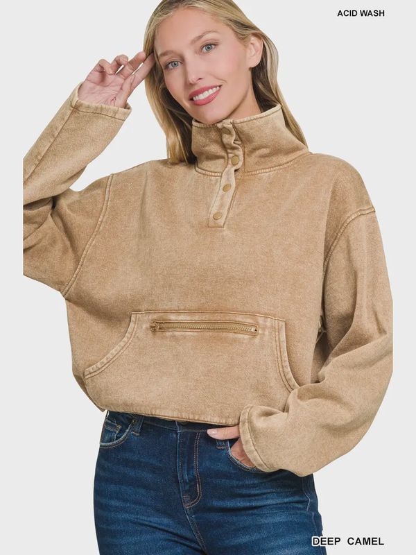 42P Acid-Wash Fleece Half-Snap Pullover (Camel), Size: Small