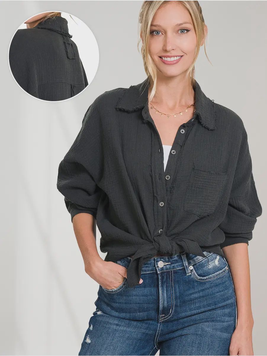 42P Oversized Raw-Edge Shirt (Black), Size: Small