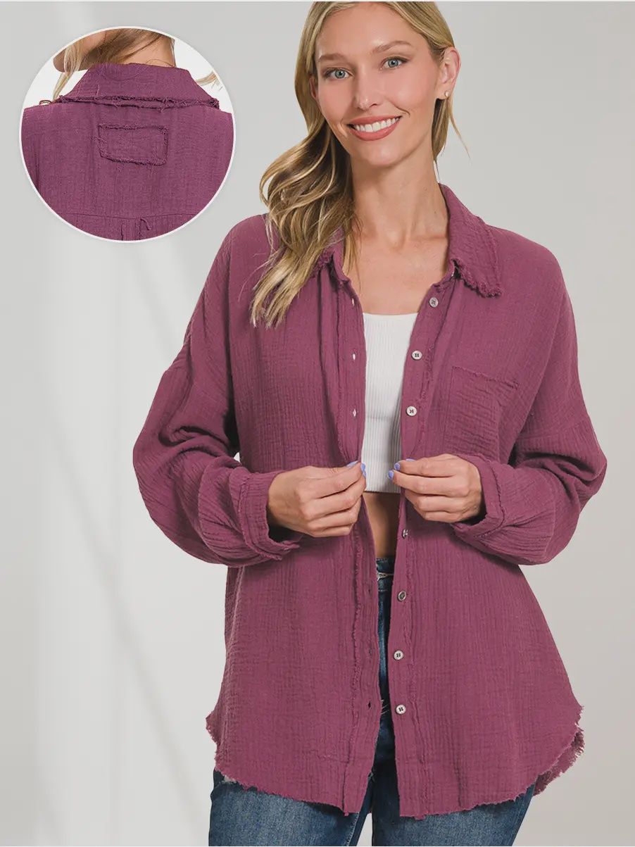 42P Oversized Raw-Edge Shirt (Eggplant), Size: Small