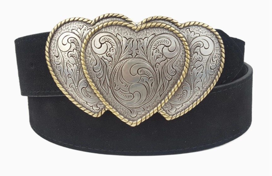 Western Heart Buckle Belt- Black Suede