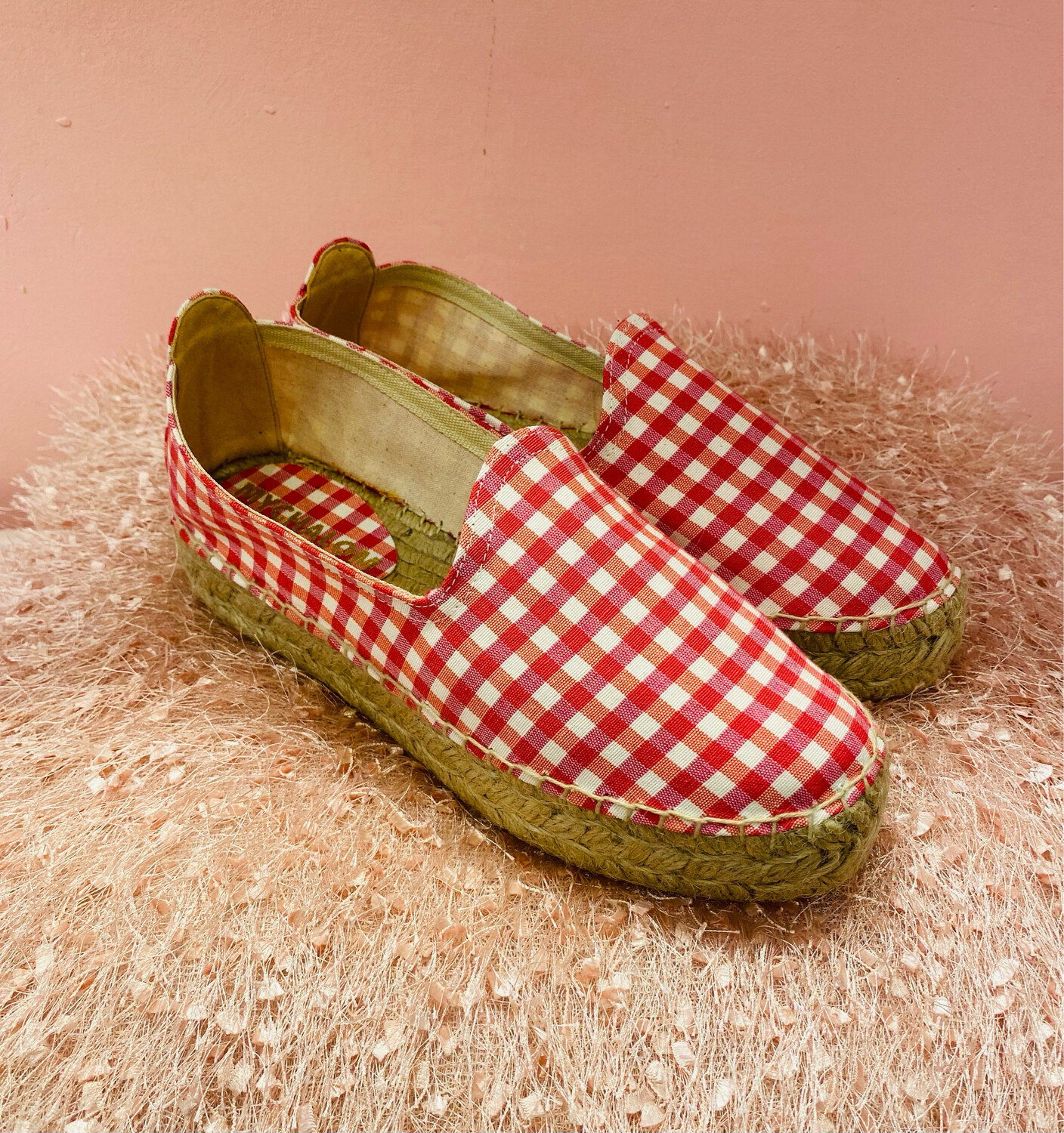 Espadrillas in tela di cotone vichy fuxia, plateau cm 2 