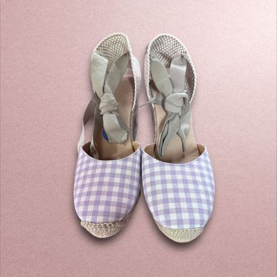 Espadrillas in cotone, quadretti lilla, tacco 8 cm 
