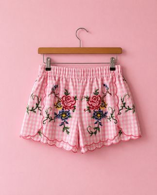 Shorts quadretti con rose - colore rosa 