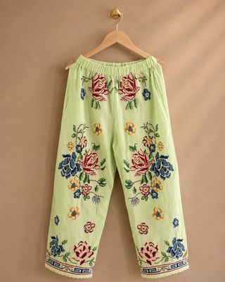 Pantaloni fiori ricamati verde lime • Orsina 