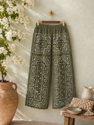Pantaloni bandana ricamati verde militare • Orsina 