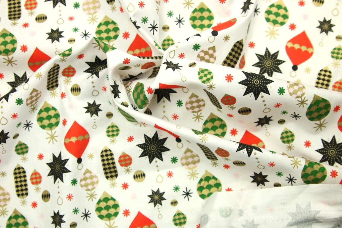 Baumwolle &quot;Christbaumkugeln&quot;, weiß, schwarz, rosa, grün, gold