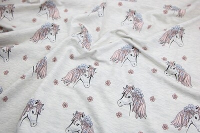 Baumwolljersey &quot;Glitter Pony&quot;, grau-meliert, rosa
