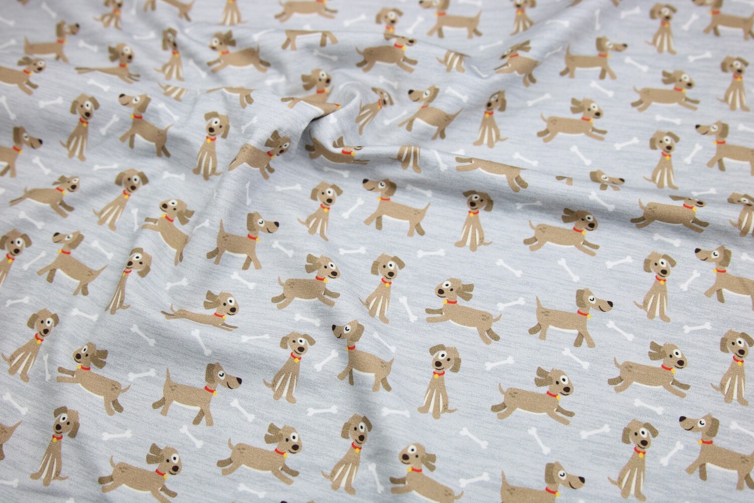 Baumwolljersey &quot;Happy Dogs&quot;, grau-meliert, braun, rot