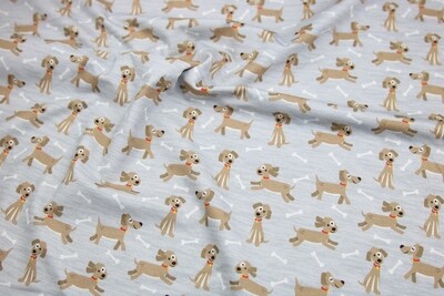 Baumwolljersey &quot;Happy Dogs&quot;, grau-meliert, braun, rot