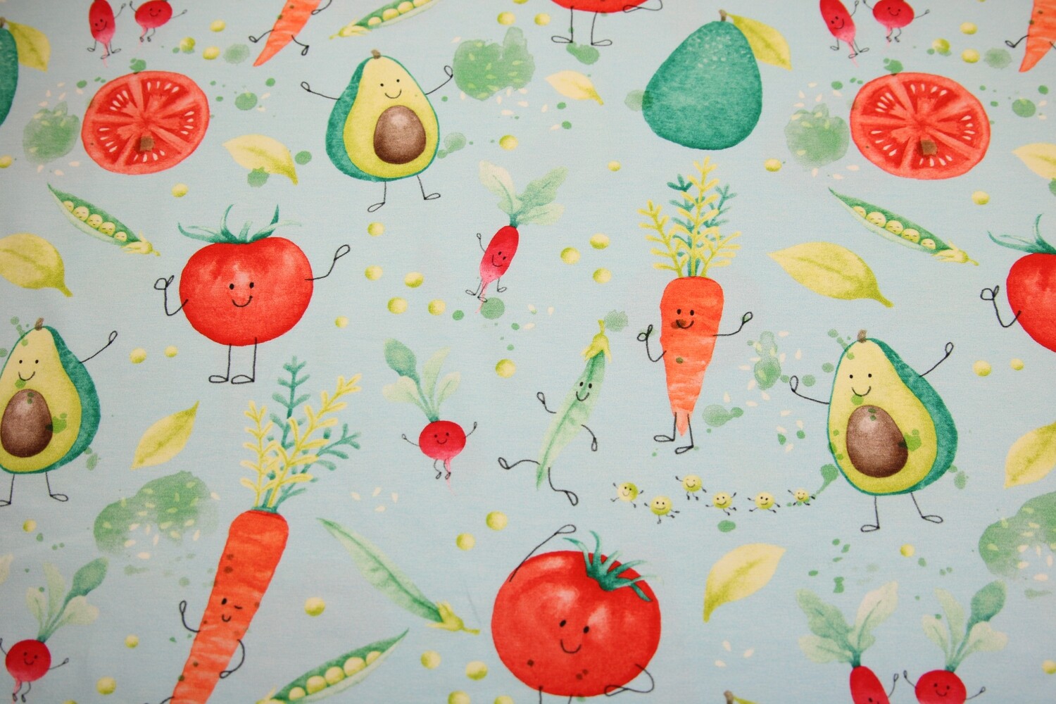 Baumwolljersey &quot;Veggie Friends&quot;, Hilco Textil, Gemüse, hellblau, bunt