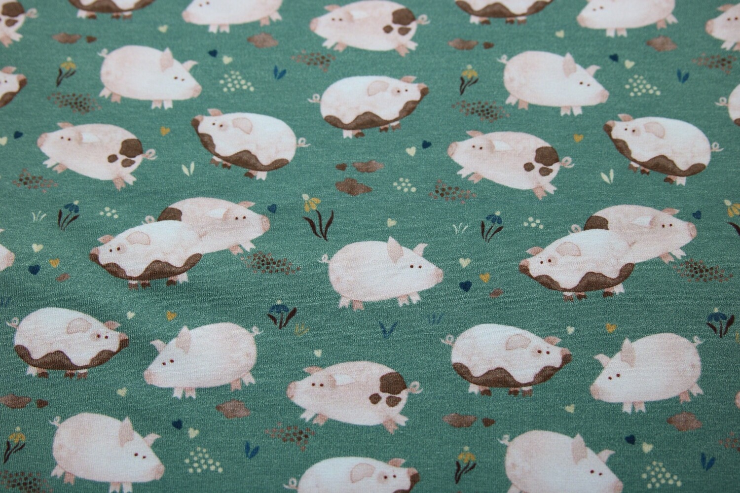 Baumwolljersey &quot;Fancy Piggy&quot;, mintgrün, rosa, braun