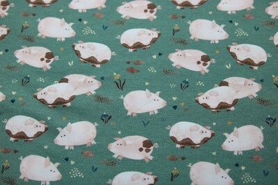 Baumwolljersey &quot;Fancy Piggy&quot;, mintgrün, rosa, braun