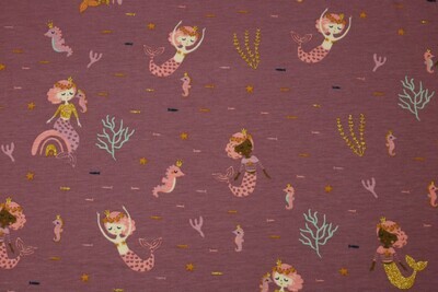 Baumwolljersey &quot;Mermaids&quot;, mauve-meliert, Glitzer, senfgelb, rosa, mint