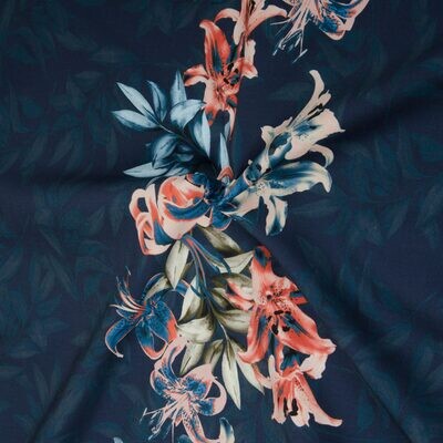 Baumwollstretch &quot;Flynn&quot;, Blumenranke, dunkelblau, rot