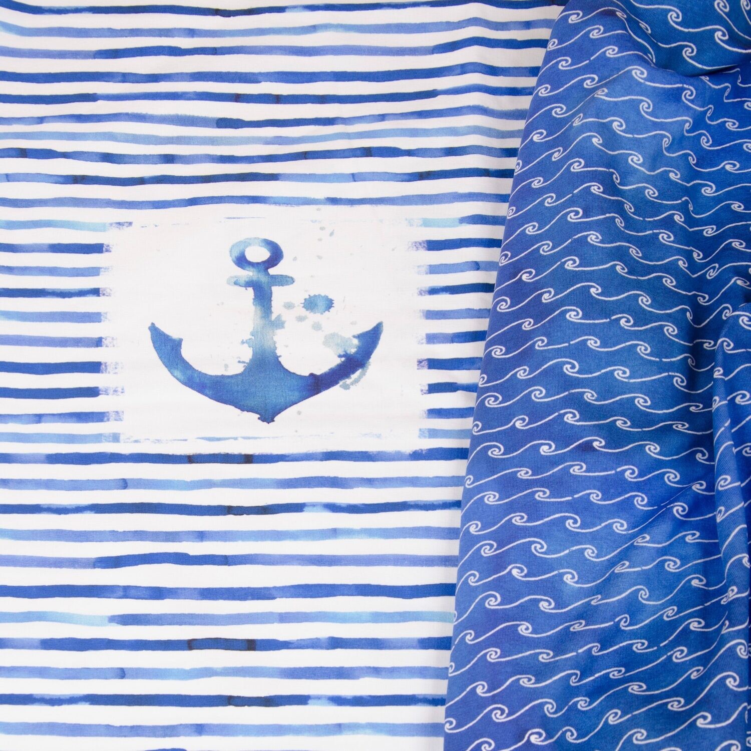 Baumwolljersey &quot;Anker&quot;, Panel, weiß, blau, 60cm-Rapport