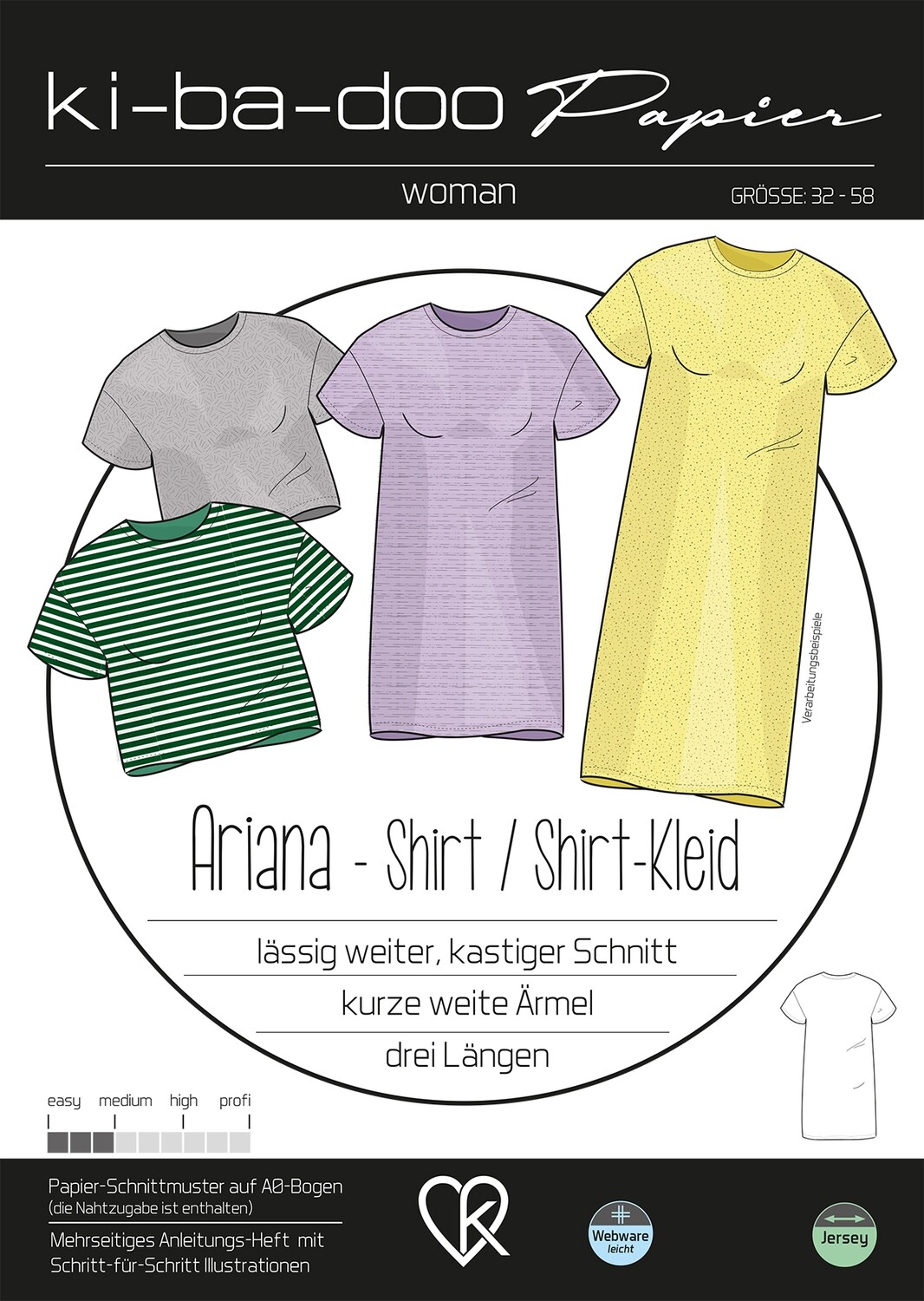 Papierschnittmuster, Shirt/ Shirt-Kleid Ariana, kibadoo, Gr. 32-58