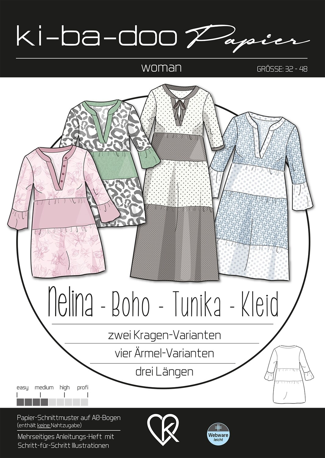 Papierschnittmuster, Kleid Nelina, kibadoo, Gr. 32-58