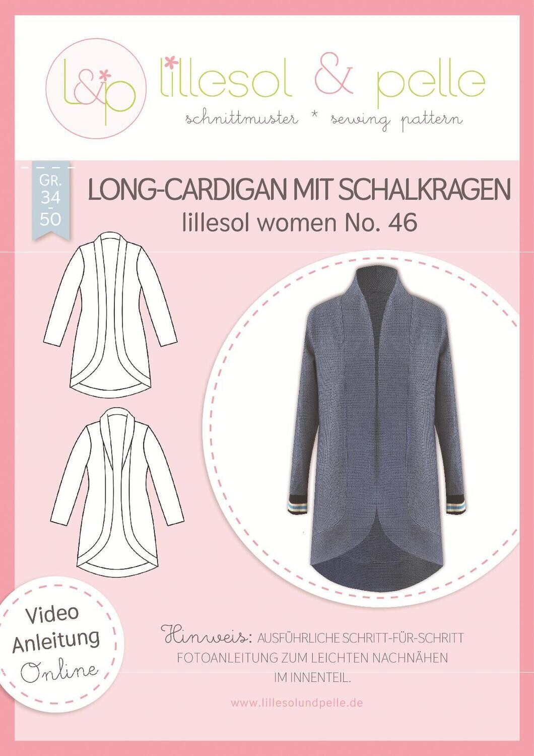 Papierschnittmuster, Long-Cardigan mit Schalkragen No. 46, Gr. 34-50, lillesol &amp; pelle