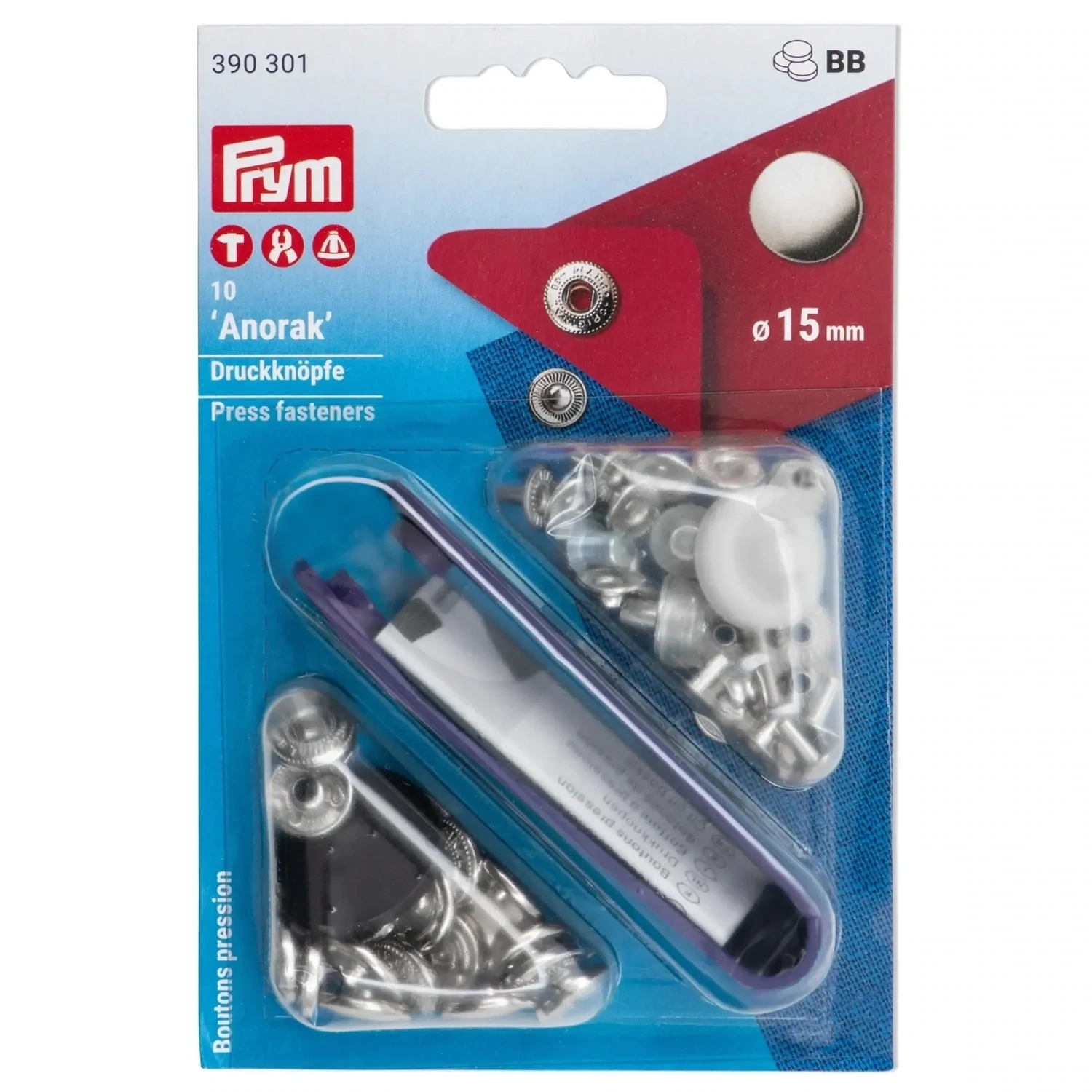 Nähfrei-Druckknopf Anorak, 15mm, 6 Farben, Prym