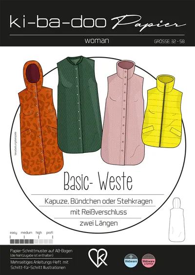 Papierschnittmuster, Basic Weste Damen, kibadoo, Gr. 32-58