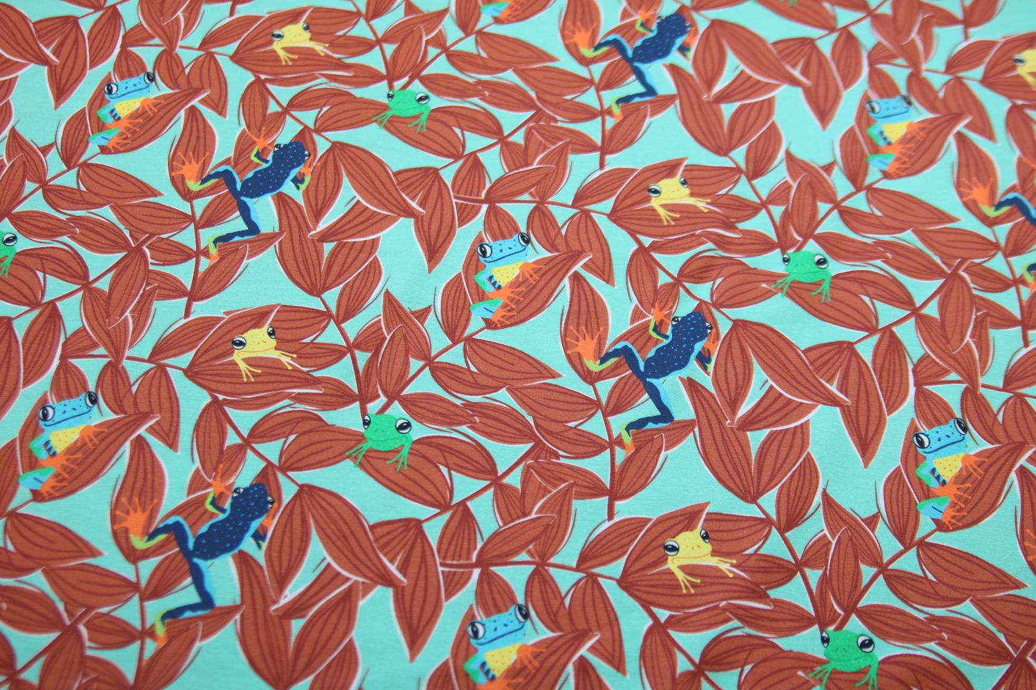 Baumwolljersey &quot;Froschies&quot;, Blätter &amp; Frösche, mint, rost, bunt