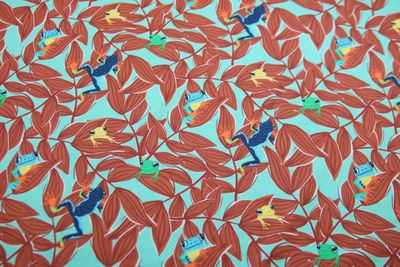 Baumwolljersey "Froschies", Blätter &amp; Frösche, mint, rost, bunt