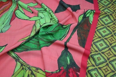 Viskose "Bibi", Blätter, Bordüre, pink, grün