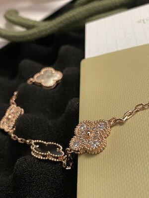 Moissanite and mother of pearl clover motif with rose gold plated on 925 sliver VCA bracelet