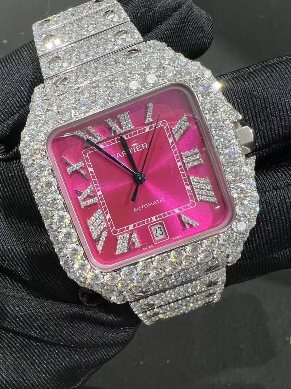 Fully Iced out Moissanite Cartier Santos With Orange purple Dial
