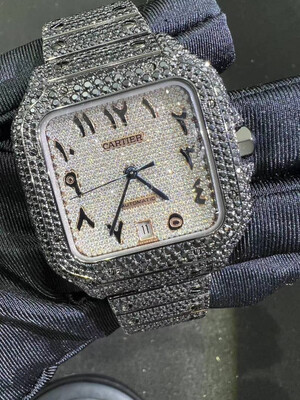 Fully Iced Out Black Diamond Colored Moissanite Cartier De Santos With Arabic Hour Marker Dial