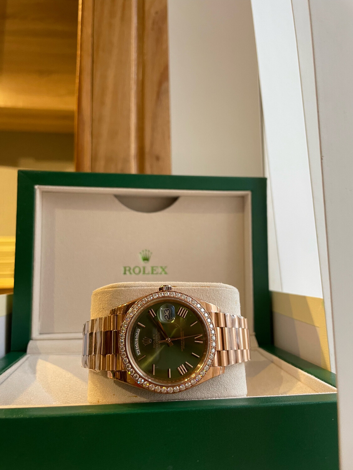 Super Clone Rolex DayDate 40 Everose Gold Plated Diamond Bezel Olive Green Dial 228345RBR